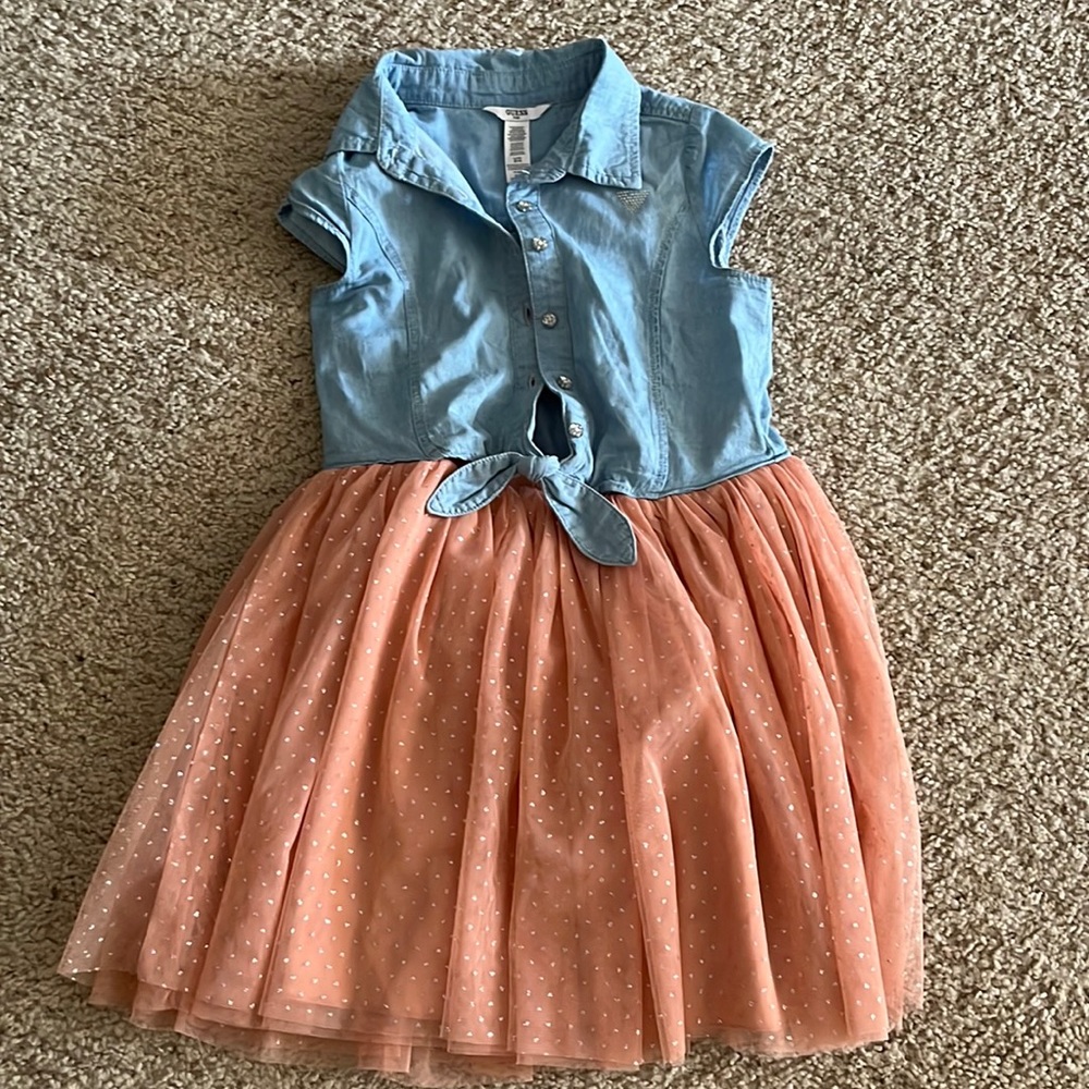 Guess kids size 14 denim and pink tulle dress. Buttons down the front.